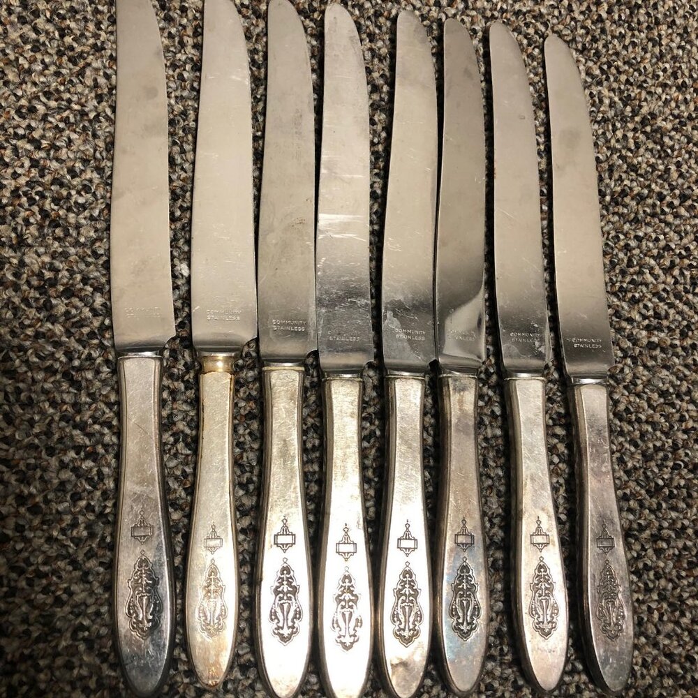 Set of 8 Bird of Paradise by Community, Silverplate Dinner Knives Art Deco - Picture 3 of 3